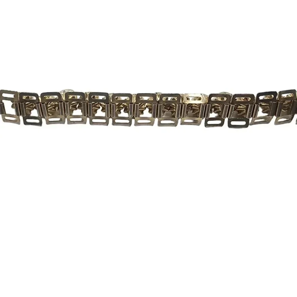 Vintage Faux Pearl Beaded Link Bangle Bracelet Gold Tone Box Clasp